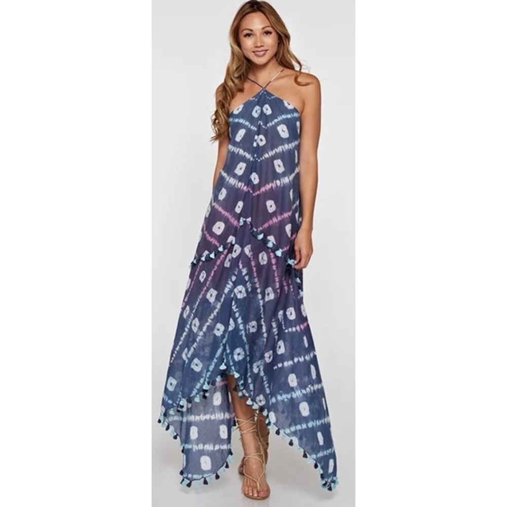 Blue Tie Dye Scarf Dress Handkerchief Hem Tassel Trim Maxi Cotton Cover Up small